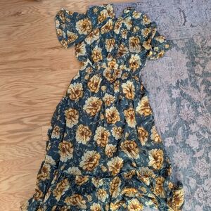 Listicle Teal Dress with Mustard Floral Print